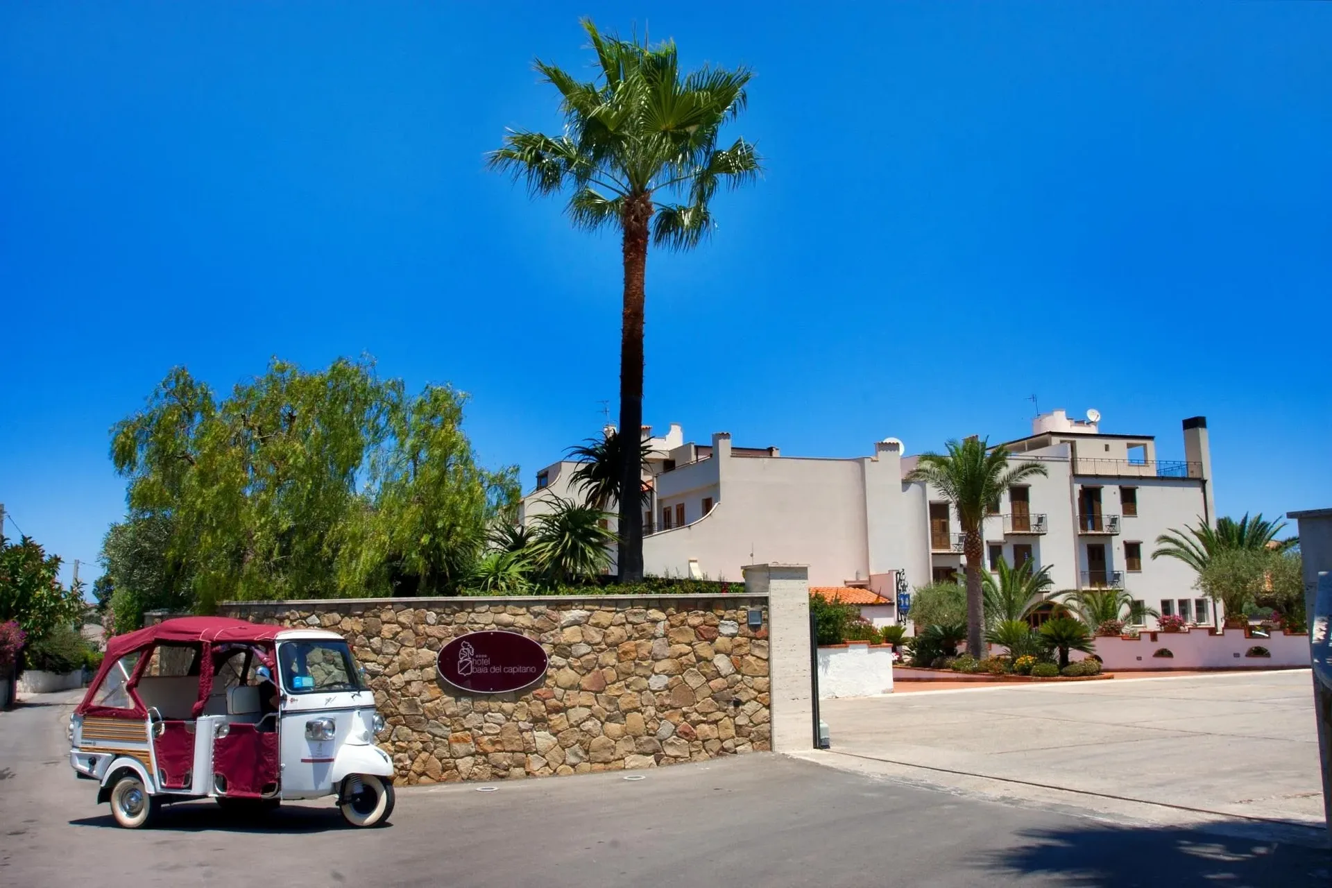 Esterno dell'hotel con palma e ape calessino lungo la strada