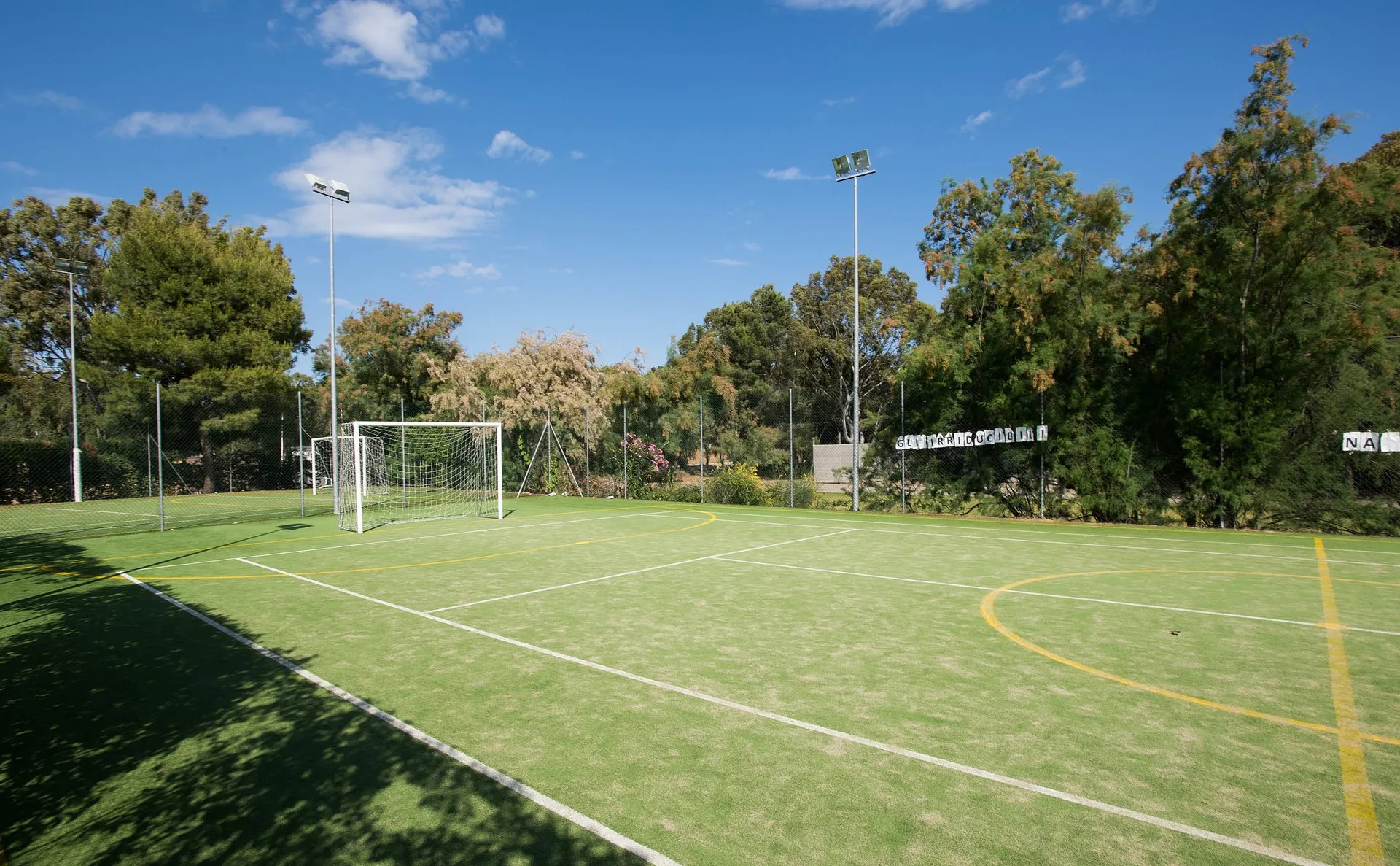 Campo sportivo in erba sintetica con porta da calcio circondato da alberi