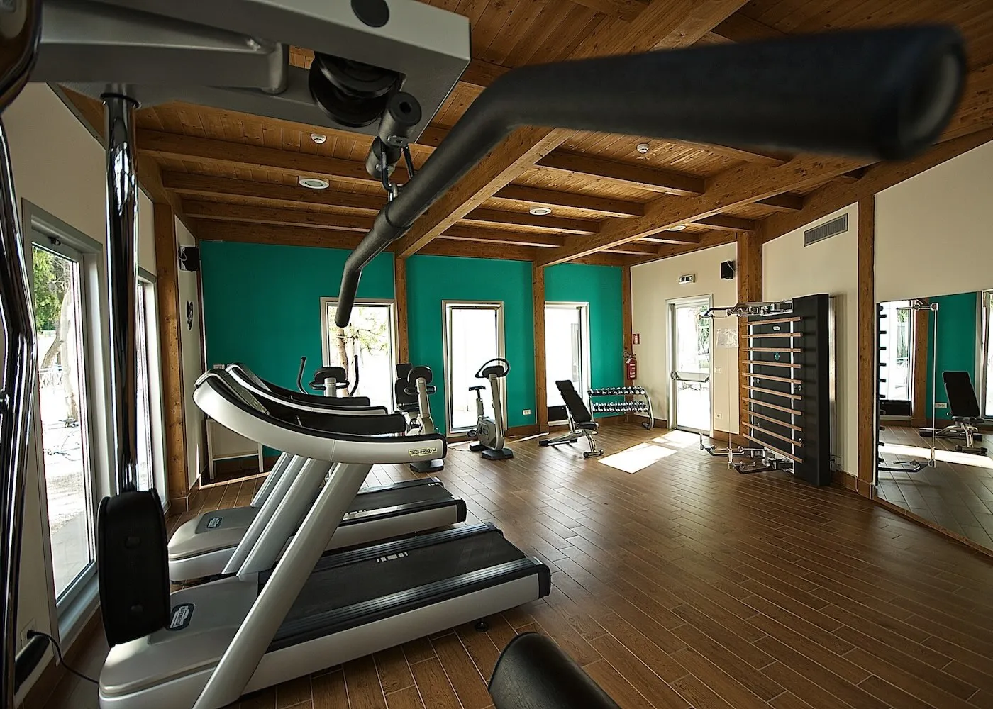 Sala fitness con tapis roulant e attrezzi, soffitto in legno