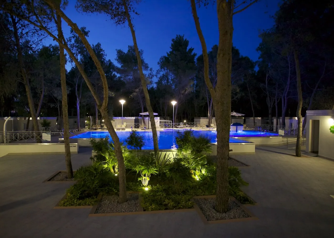 Piscina illuminata di notte tra gli alberi