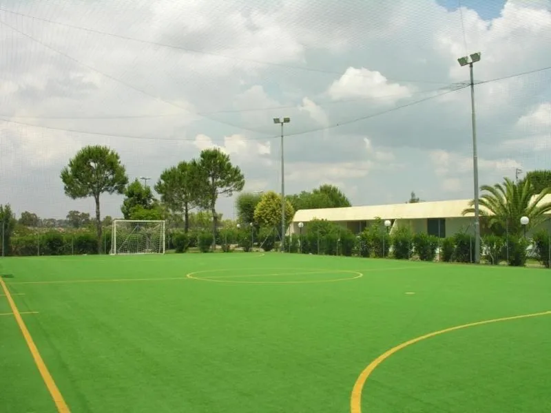 Campo da calcio in erba sintetica con reti e illuminazione