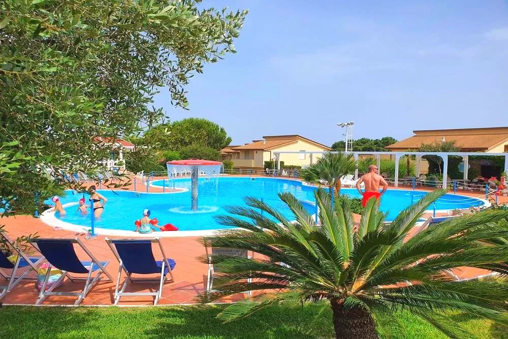 Piscina con giochi d'acqua e lettini vista dal giardino con palma e ulivo