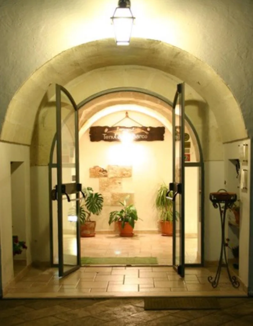 Ingresso della struttura con arco in pietra, lampada e piante in vaso di notte