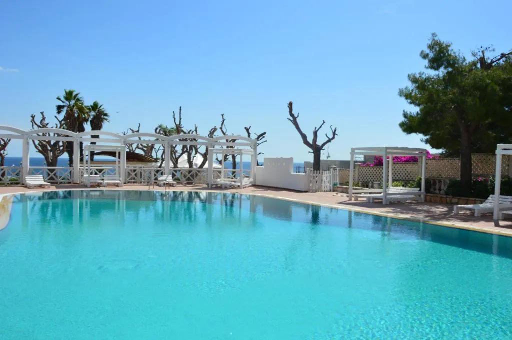 Piscina turchese con gazebo bianchi, palme e vista sul mare