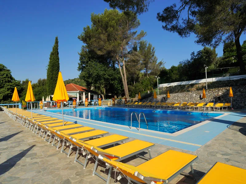 Piscina all'aperto con file di lettini e ombrelloni gialli tra i pini