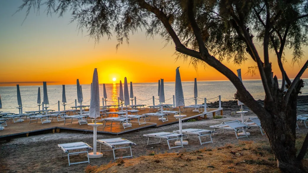 Solarium sul mare con lettini e ombrelloni al tramonto incorniciato da un albero