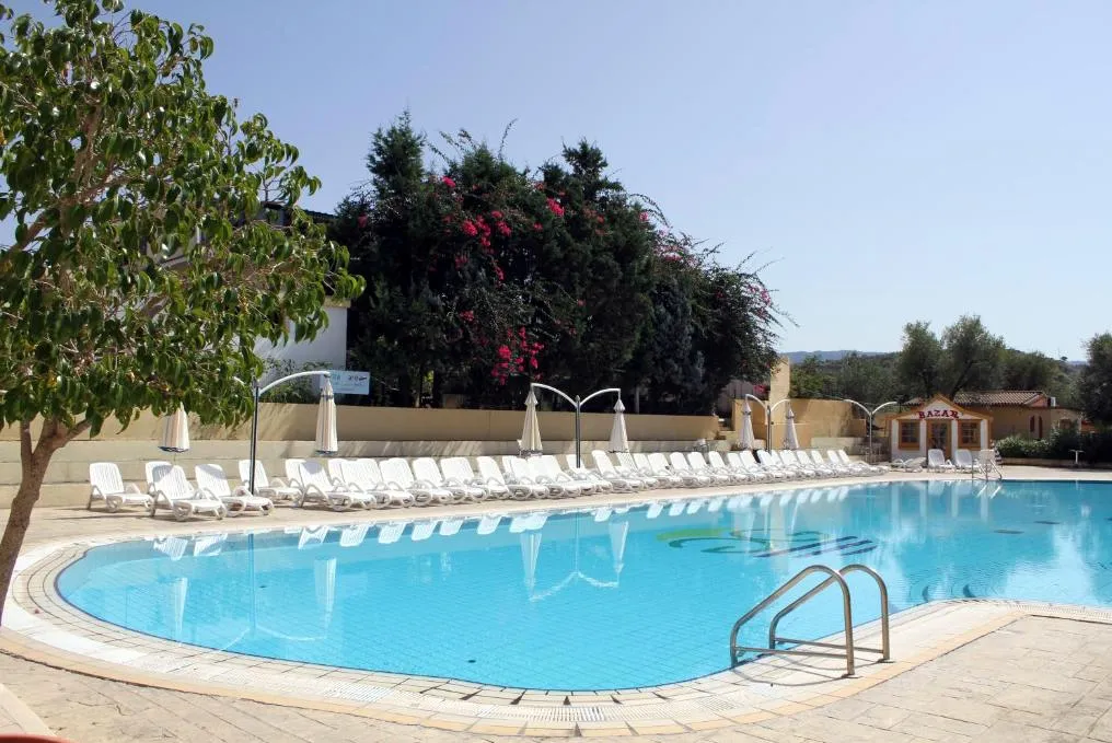 Piscina con lettini bianchi e cespuglio fiorito di bouganville sullo sfondo