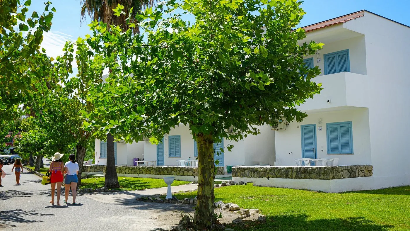 Villette bianche con persiane azzurre lungo viale alberato e ospiti che passeggiano