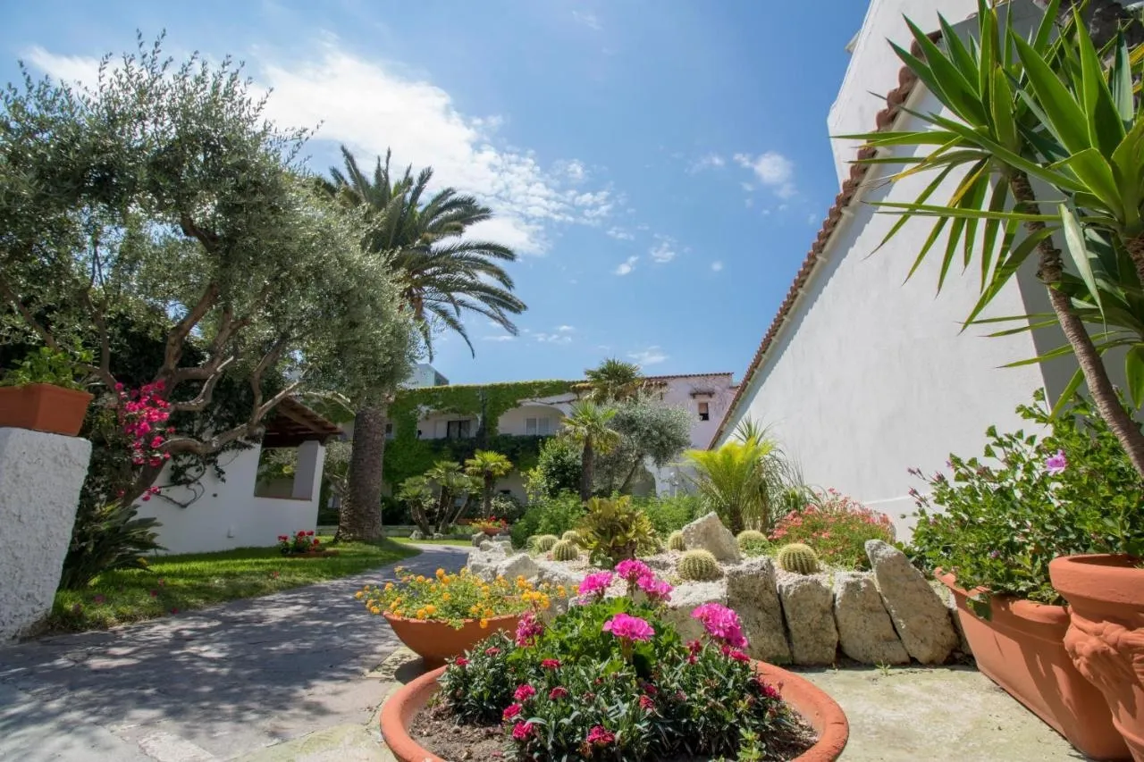 Giardino curato dell'hotel con fiori colorati, piante grasse, palme e olivi