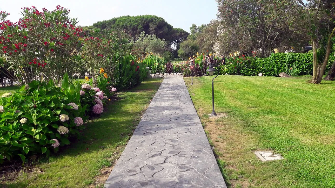 Vialetto in pietra tra prato curato e aiuole fiorite con oleandri e ortensie