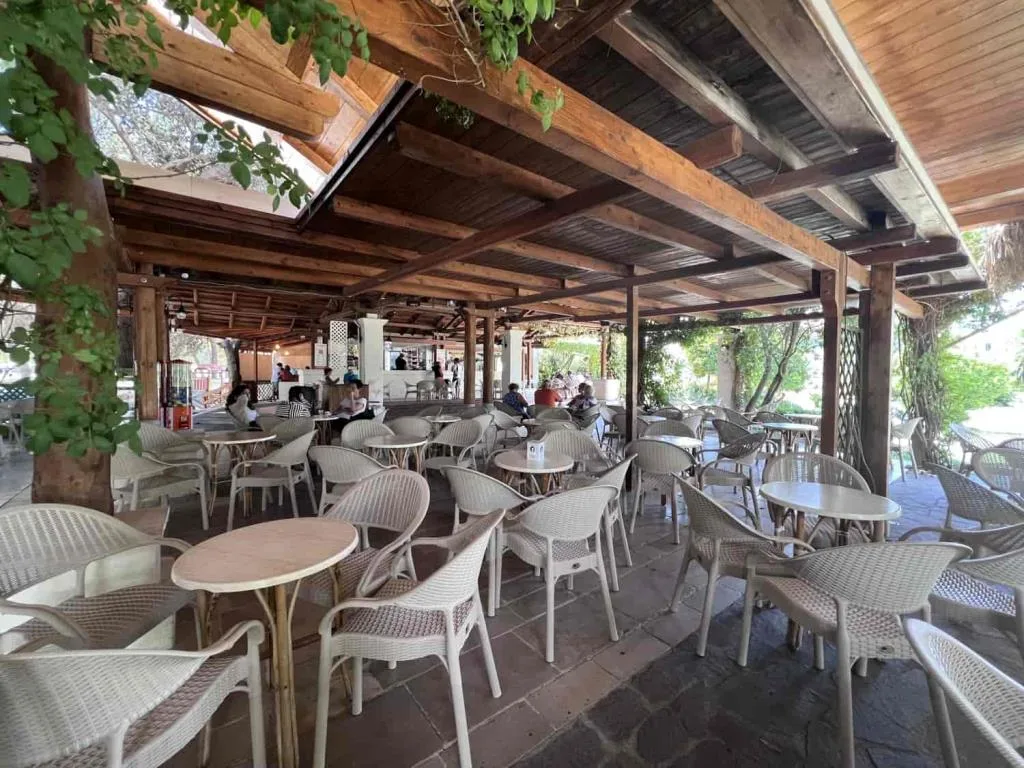 Area bar esterna coperta con pergolato in legno, tavoli e sedie in vimini