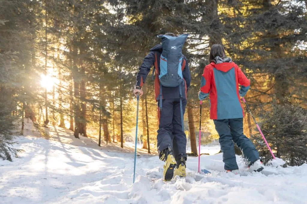 Coppia di scialpinisti cammina in un bosco innevato al tramonto