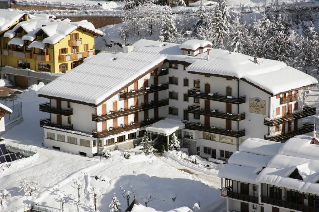Splendid Hotel innevato con vista aerea di edifici e alberi coperti di neve in inverno